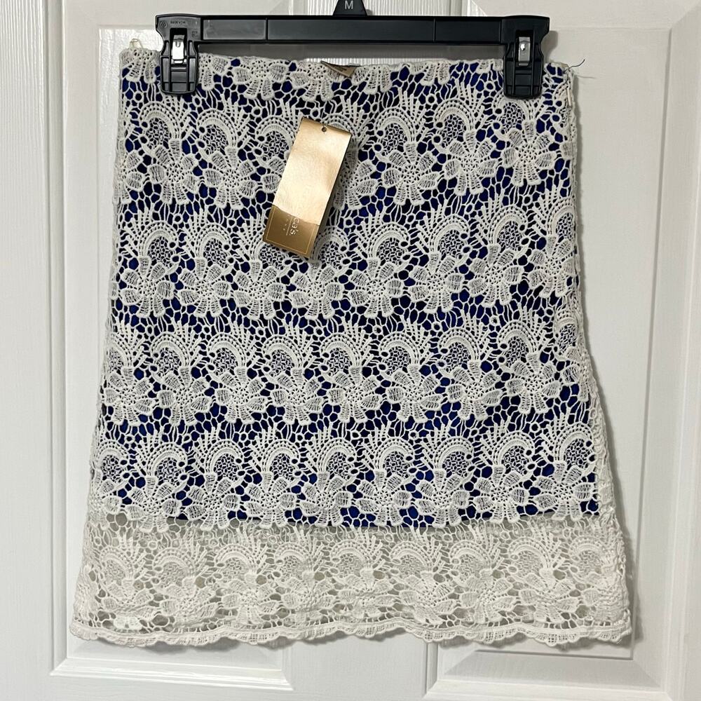 NWT White Modern Lace Overlay Elegant Skirt Blue Lined Feminine Romantic Small